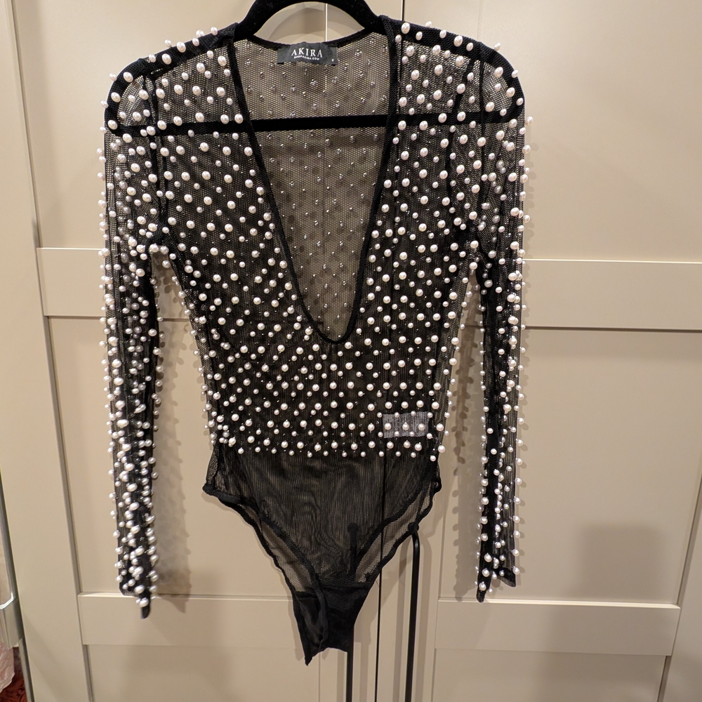 AKIRA Sheer Black Bodysuit with White Pearl Accents